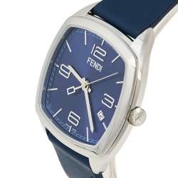 Pre Owned Fendi Blue Stainless Steel Leather Momento 22000L Unisex Wristwatch 39 mm