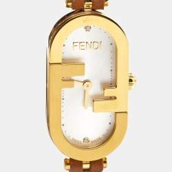 Fendi Silver Gold Plated Stainless Steel Leather Diamond O'Lock Vertical 148 Women's Wristwatch 15 mm