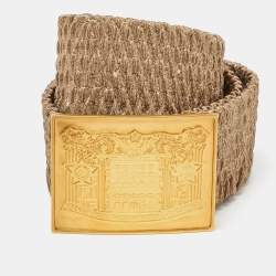 مملوكة مسبقًا Fendi Gold Stretch Fabric and Leather Waist Belt 75CM