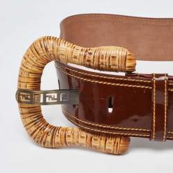 Pre Owned Fendi Brown Patent Leather B Waist Wide Belt 70CM