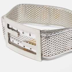 Pre Owned Fendi Silver Perforated Patent Leather FF Buckle Wide Belt 85CM