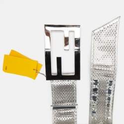 Pre Owned Fendi Silver Perforated Patent Leather FF Buckle Wide Belt 85CM