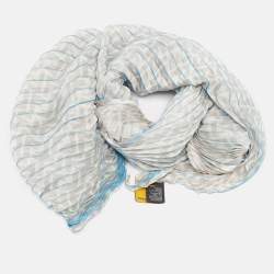 Fendi Grey/Blue Stripe Zucca Print Satin Plisse Stole 