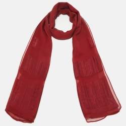 Pre Owned Fendi Red Logo Jacquard Silk Blend Scarf