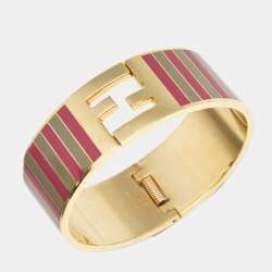 Fendi Fendista Bi Color Striped Enamel Gold Tone Wide Bracelet M