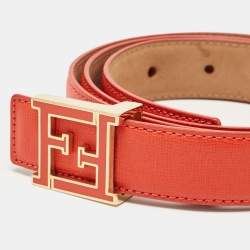 Pre Owned Fendi Orange Leather FF Logo Buckle Belt 85CM