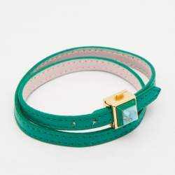 Fendi Pyramid Resin Green Leather Gold Tone Wrap Bracelet