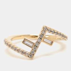 Pre Owned Fendi Gold Tone Crystal Fendi First Ring Size 51