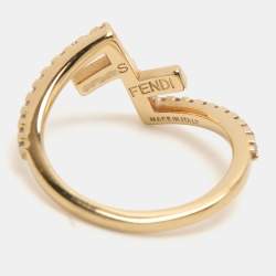 Pre Owned Fendi Gold Tone Crystal Fendi First Ring Size 51