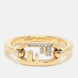 Pre Owned Fendi Gold Tone Metal Crystal O'Lock Ring Size 50