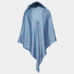 Pre Owned Fendi Blue Touch of Fur FF Jacquard Silk & Wool Shawl
