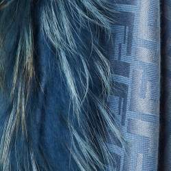 Pre Owned Fendi Blue Touch of Fur FF Jacquard Silk & Wool Shawl
