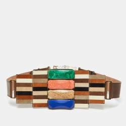 Fendi Brown Leather Mosaic Lapis Statement Belt 80CM