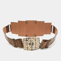 Fendi Brown Leather Mosaic Lapis Statement Belt 80CM