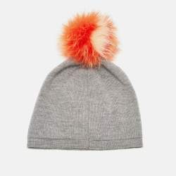 Pre Owned Fendi Grey Intarsia Wool Pom Pom Beanie