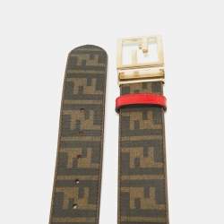 Fendi Brown/Red Zucca Coated Canvas and Patent Leather FF Logo Belt 85 CM