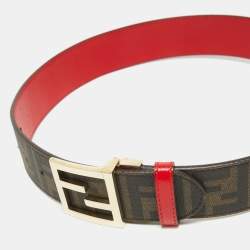 Fendi Brown/Red Zucca Coated Canvas and Patent Leather FF Logo Belt 85 CM