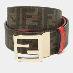 Fendi Brown/Red Zucca Coated Canvas and Patent Leather FF Logo Belt 85 CM