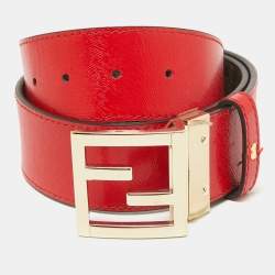 Fendi Brown/Red Zucca Coated Canvas and Patent Leather FF Logo Belt 85 CM