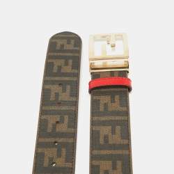 Fendi Brown/Red Zucca Coated Canvas and Patent Leather FF Logo Belt 85 CM