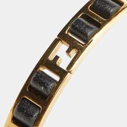 Pre Owned Fendi Black Leather Interwoven Gold Tone Cuff Bracelet  S