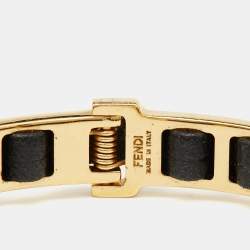 Pre Owned Fendi Black Leather Interwoven Gold Tone Cuff Bracelet  S