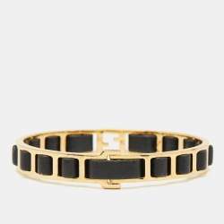 Pre Owned Fendi Black Leather Interwoven Gold Tone Cuff Bracelet  S