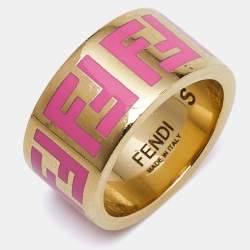 Fendi FF Logo Forever Enamel Gold Tone Ring  Size 52