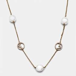 Pre Owned Fendi Faux Pearl Crystal Gold Tone Station Necklace 