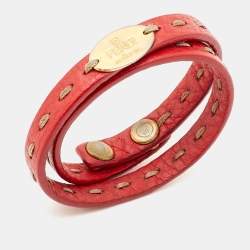 Fendi Selleria Red Leather Gold Tone Double Wrap Bracelet 