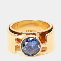 Fendi Gold Tone Crystal Embellished FF Band Ring Size 53