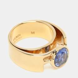 Fendi Gold Tone Crystal Embellished FF Band Ring Size 53