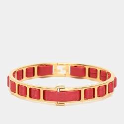 Pre Owned Fendi Gold Tone Pink Leather The Fendista Bangle Bracelet S