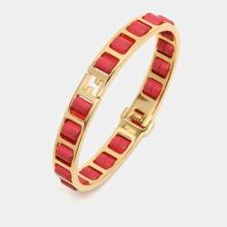 Pre Owned Fendi Gold Tone Pink Leather The Fendista Bangle Bracelet S