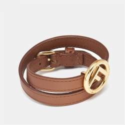 Fendi F Is Fendi Brown Leather Gold Tone Double Wrap Bracelet S
