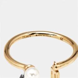 Fendi Baguette Faux Pearl Gold Tone Open Ring Size 54