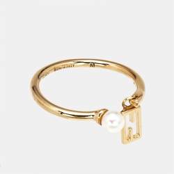 Fendi Baguette Faux Pearl Gold Tone Open Ring Size 54