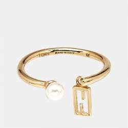 Fendi Baguette Faux Pearl Gold Tone Open Ring Size 54