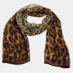 Fendi Vintage Brown Zucca/Leopard Print Sheer Silk Stole 