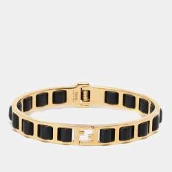 Fendi Fendista Black Leather Gold Tone Bracelet 