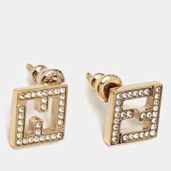 Pre Owned Fendi FF Logo Crystal Studded Gold Tone Stud Earrings