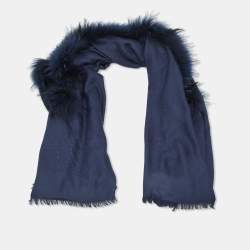 Pre Owned Fendi Navy Blue FF Jacquard Silk & Wool Touch Of Fur Shawl