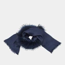 Pre Owned Fendi Navy Blue FF Jacquard Silk & Wool Touch Of Fur Shawl