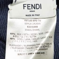 Pre Owned Fendi Navy Blue FF Jacquard Silk & Wool Touch Of Fur Shawl