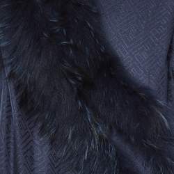 Pre Owned Fendi Navy Blue FF Jacquard Silk & Wool Touch Of Fur Shawl