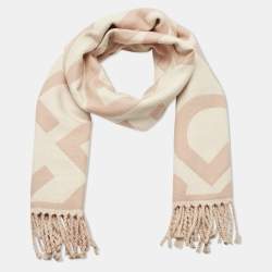 Pre Owned Fendi Pink Logo Jacquard Wool Fringed Muffler