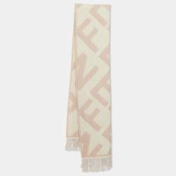 Pre Owned Fendi Pink Logo Jacquard Wool Fringed Muffler