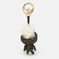 Pre Owned Fendi Tobacco/White Zucca Fabric and Fox Fur F is Fendi Space Monkey Bag Charm