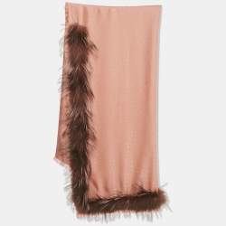 Pre Owned Fendi Pink Zucca Silk and Wool Fur Trimmed Shawl 