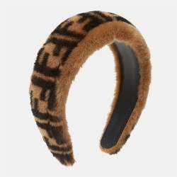 Pre Owned Fendi Brown Zucca Monogram Shearling Headband